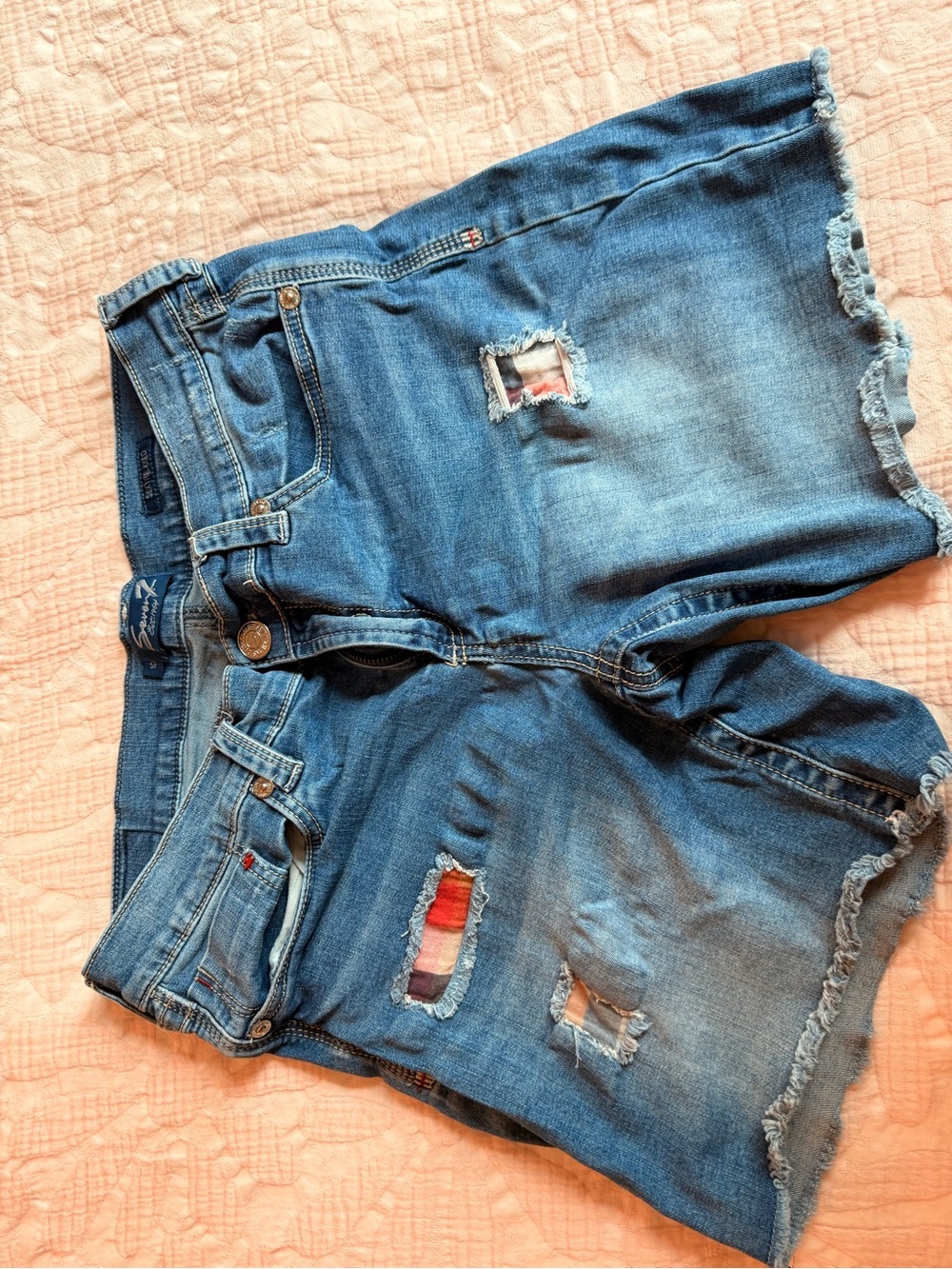Seven7 Distressed Blue Denim Shorts with Color-Block Patch Detail
